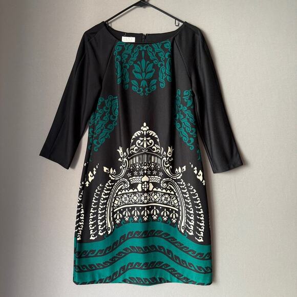 Donna Morgan sz 10 Black green boho indie print‎ sheath dress NWOT - Picture 1 of 7